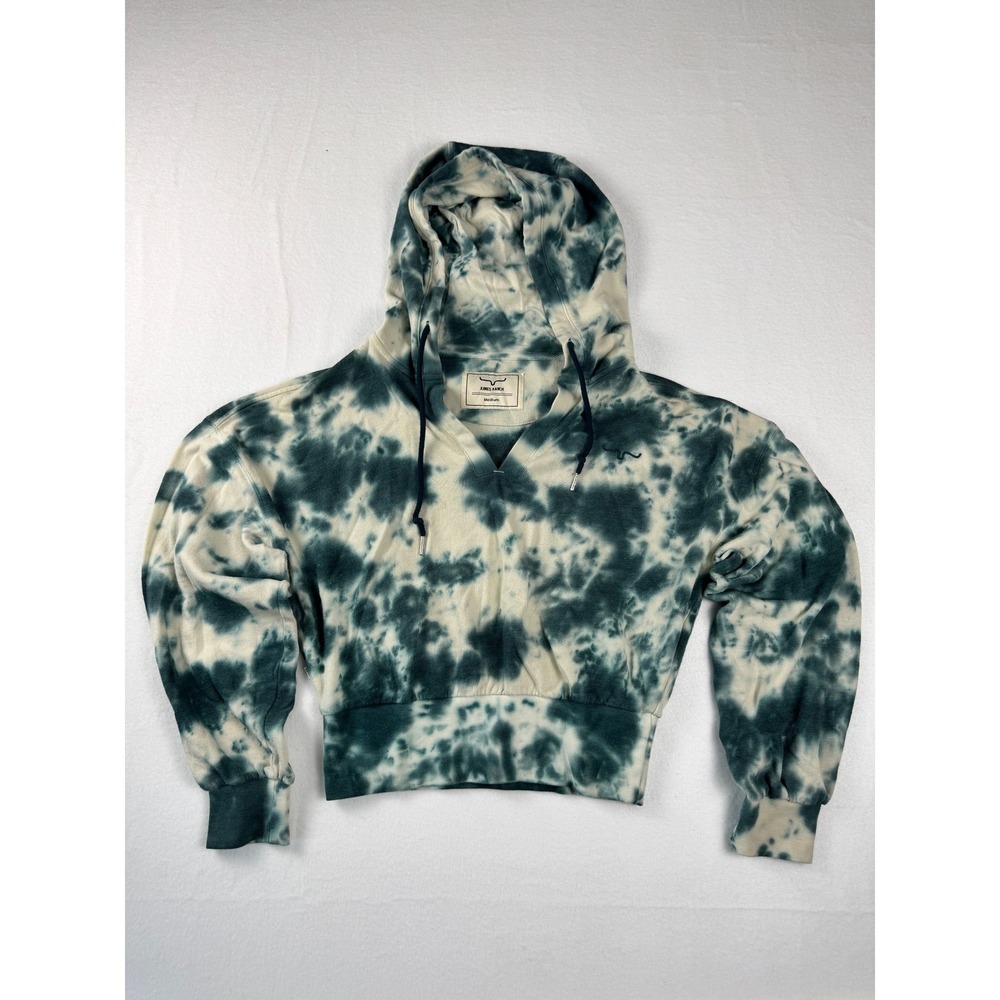 Kimes Ranch Womens Tie Dye Cropped Hoodie Teal Cream Medium Longhorn Logo